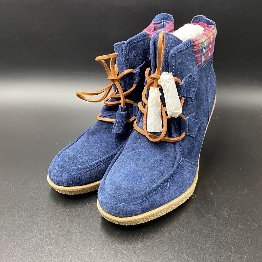 Tommy Hilfiger Slate Blue Suede Plaid Wedge Shoes Women's Size 8.5